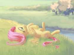 Size: 690x518 | Tagged: safe, artist:hunternif, fluttershy, g4, female, on back, solo