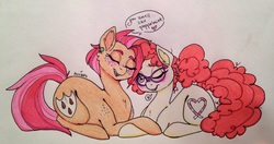 Size: 3172x1671 | Tagged: safe, artist:ameliacostanza, babs seed, twist, g4, alternate cutie mark, alternate universe, dialogue, english, female, holding hooves, lesbian, older, ship:babstwist, shipping, snuggling, speech bubble, spoken heart, traditional art