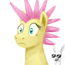 Size: 800x800 | Tagged: safe, artist:unsavorydom, angel bunny, fluttershy, g4, alternate hairstyle, frown, grin, mohawk, sunglasses