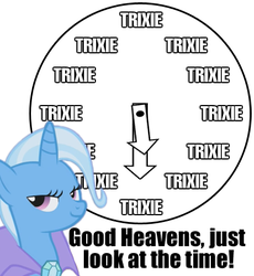 Size: 418x455 | Tagged: safe, trixie, pony, unicorn, g4, artifact, clock, ego, female, just look at the time, mare, narcissism, selfish, solo