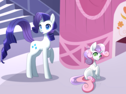 Size: 900x672 | Tagged: safe, artist:haydee, rarity, sweetie belle, pony, unicorn, g4, adorabelle, carousel boutique, cute, duo, duo female, female, filly, foal, horn, looking at you, mare, ocbetes, raised hoof