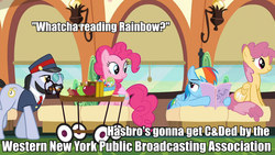 Size: 960x540 | Tagged: safe, screencap, all aboard, dizzy twister, orange swirl, pinkie pie, rainbow dash, g4, the lost treasure of griffonstone, cease and desist, friendship express, hasbro, image macro, meme, reading rainboom, slowpoke, western new york publishing association