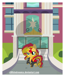 Size: 2700x3200 | Tagged: safe, artist:xwhitedreamsx, sunset shimmer, pony, unicorn, g4, canterlot high, chibi, clothes, cute, equestria girls outfit, female, high res, jacket, leather jacket, mare, raised hoof, shadow, shimmerbetes, solo