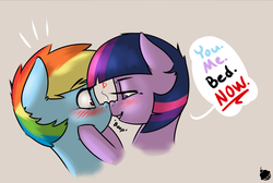 Size: 2075x1398 | Tagged: safe, artist:captainpudgemuffin, rainbow dash, twilight sparkle, pony, g4, alternate hairstyle, bedroom eyes, blushing, boop, dialogue, eye contact, female, grin, heart, imminent sex, implied sex, lesbian, lip bite, looking at each other, mare, nose wrinkle, noseboop, ship:twidash, shipping, short hair, short mane, smiling, wide eyes, you. me. x. now.