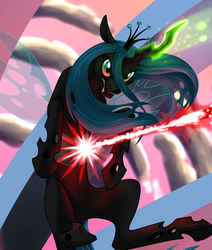 Size: 700x824 | Tagged: safe, artist:foxenawolf, queen chrysalis, changeling, changeling queen, fanfic:a different perspective, g4, beam, cropped, fanfic art, female, flying, glare, glowing horn, gritted teeth, horn, magic, magic blast
