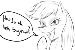 Size: 1128x751 | Tagged: safe, artist:thethunderpony, applejack, g4, bedroom eyes, eyeshadow, eyeshadowjack, female, hatless, makeup, missing accessory, monochrome, open mouth, sketch, solo, that was fast