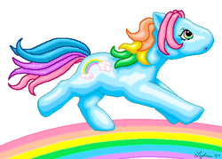 Size: 509x365 | Tagged: safe, artist:sharulia, rainbow dash, rainbow dash (g3), g3, g4, female, rainbow, running, solo