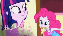 Size: 1920x1080 | Tagged: safe, screencap, pinkie pie, twilight sparkle, equestria girls, g4, hasbro studios, pizza