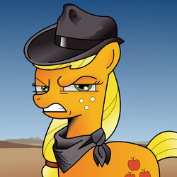 Size: 2048x2048 | Tagged: dead source, safe, artist:afterman, applejack, g4, angry, bandana, comic, doppelganger, fedora, female, hat, high res, solo, squint, trilby, western