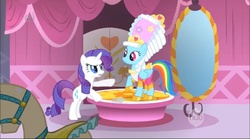 Size: 960x535 | Tagged: safe, screencap, rainbow dash, rarity, g4, swarm of the century, dashie antoinette, giant hat, hat, jewelry, marie antoinette, powdered wig, tiara, too frilly, unrainbow, wig