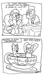 Size: 1390x2360 | Tagged: safe, artist:bobthedalek, oc, oc only, oc:kettle master, oc:tilly towell, earth pony, pony, comic, couch, hat, monochrome, teacups, television, top hat