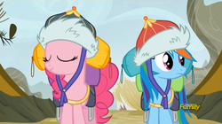 Size: 1250x700 | Tagged: safe, screencap, pinkie pie, rainbow dash, g4, the lost treasure of griffonstone, animation error, discovery family logo, eyes closed, hat, mongolian shepherd hat