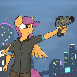 Size: 3000x3000 | Tagged: safe, artist:orang111, artist:shafty817, edit, scootaloo, anthro, g4, gun, high res, pistol, railgun, remake