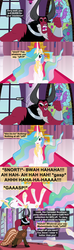 Size: 1120x3780 | Tagged: safe, artist:beavernator, lord tirek, princess celestia, alicorn, centaur, pony, taur, g4, alternate ending, clothes, comedy, comic, crossdressing, dress, eyes closed, female, hair over one eye, laughing, male, mare, misspelling, raised hoof, smiling, stained glass