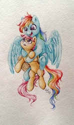 Size: 1391x2345 | Tagged: safe, artist:amishy, rainbow dash, scootaloo, pony, g4, holding a pony, scootalove, traditional art