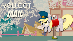 Size: 1920x1080 | Tagged: safe, artist:templarhappy, artist:tim015, derpy hooves, pony, g4, derpy inside a mailbox, hat, letter, mailbox, mailmare, mouth hold, ponyville, silly, silly pony, vector, wallpaper