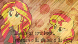 Size: 1366x768 | Tagged: safe, artist:theshadowstone, artist:twilightanddashie, artist:victoriathekitty, sunset shimmer, pony, unicorn, equestria girls, g4, quote, smiling, vector, wallpaper