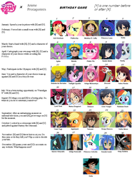 Size: 1150x1499 | Tagged: safe, applejack, derpy hooves, discord, fluttershy, king sombra, lord tirek, pinkie pie, princess celestia, princess luna, queen chrysalis, rainbow dash, rarity, smooze, spike, twilight sparkle, g4, akame ga kill!, anime, ash ketchum, attack on titan, birthday game, bleach (manga), bobobo-bo bo-bobo, dragon ball, dragon ball z, eren jaeger, exploitable meme, fairy tail, fruits basket, izumi konata, kill la kill, kirito, kurosaki ichigo, lucky star, meme, momomiya ichigo, monkey d. luffy, naruto, natsu dragneel, one piece, pokémon, ryuko matoi, sailor moon (series), simple background, son goku, sword art online, tatsumi, text, tohru honda, tokyo mew mew, tsukino usagi, uzumaki naruto, white background, yami yugi, yu-gi-oh!, yugi muto