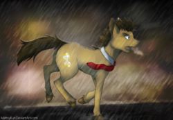 Size: 1024x707 | Tagged: safe, artist:mattsykun, doctor whooves, time turner, earth pony, pony, g4, male, rain, running, solo, stallion