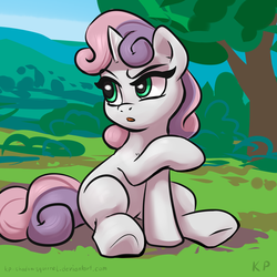 Size: 1500x1500 | Tagged: safe, artist:kp-shadowsquirrel, sweetie belle, pony, unicorn, g4, blank flank, cute, diasweetes, female, filly, foal, hill, open mouth, raised hoof, sitting, solo, tree
