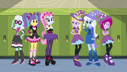 Size: 1024x576 | Tagged: safe, artist:3d4d, fuchsia blush, lavender lace, photo finish, pixel pizazz, trixie, violet blurr, equestria girls, g4, my little pony equestria girls: rainbow rocks, background human, female, the snapshots, trixie and the illusions