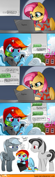 Size: 787x2502 | Tagged: safe, artist:supermare, fluttershy, rainbow dash, oc, g4, anatomically incorrect, beanie, cellphone, clothes, comic, computer, delsin rowe, eugene sims, glasses, hat, incorrect leg anatomy, infamous, infamous second son, laptop computer, phone, playstation 4