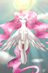 Size: 1000x1500 | Tagged: safe, artist:peaceouttopizza23, princess celestia, g4, both cutie marks, crepuscular rays, eyes closed, female, flying, pink mane, pink-mane celestia, solo, sun