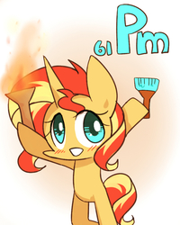 Size: 800x1000 | Tagged: safe, artist:joycall6, part of a set, sunset shimmer, pony, unicorn, series:joycall6's periodic table, g4, bipedal, blushing, chemistry, female, hoof hold, mare, paintbrush, periodic table, promethium (element), solo, torch