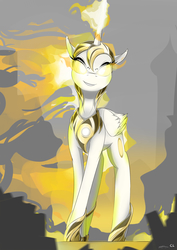Size: 4961x7016 | Tagged: safe, artist:candylux, nightmare star, princess celestia, alicorn, pony, g4, absurd resolution, female, fire, glowing eyes, grin, looking at you, mane of fire, mare, signature, smiling, smiling at you, solo, tail, tail of fire