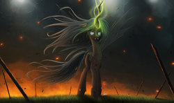 Size: 3500x2085 | Tagged: safe, artist:ncmares, queen chrysalis, changeling, changeling queen, g4, angry, fangs, female, glowing horn, grass, high res, horn, magic, solo, spread wings
