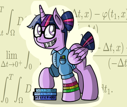 Size: 1246x1045 | Tagged: safe, artist:kleineluhnar, twilight sparkle, alicorn, pony, g4, acne, adorkable, alternate hairstyle, bracelet, braces, calculus, clothes, cute, dork, female, glasses, grin, mare, math, nerd, raised hoof, science, shirt, smiling, solo, that pony sure does love science, twilight sparkle (alicorn)