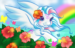 Size: 755x490 | Tagged: safe, artist:greeniebone, star catcher, butterfly, g3, female, flower, flower in hair, hibiscus, solo, starry eyes, wingding eyes