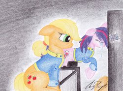 Size: 1023x756 | Tagged: safe, artist:thechrispony, applejack, oc, earth pony, pony, fallout equestria, g4, crying, fanfic, fanfic art, female, floppy ears, hat, hatless, hooves, mare, ministry mares, missing accessory, sad, stable 2, traditional art