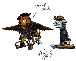 Size: 640x511 | Tagged: safe, artist:aviatorgriffin, oc, oc only, oc:calamity, oc:littlepip, pegasus, pony, unicorn, fallout equestria, clothes, comic, fanfic, fanfic art, female, floppy ears, fluttershy medical saddlebag, gasp, gun, handgun, hooves, horn, jumpsuit, loot, mare, medical saddlebag, more dakka, mouth hold, open mouth, pipbuck, revolver, saddle bag, signature, simple background, sitting, spread wings, talking with your mouth full, vault suit, weapon, white background, wings