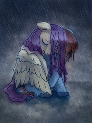 Size: 2250x3000 | Tagged: safe, artist:gem-magic, fluttershy, rainbow dash, g4, crying, female, high res, hug, lesbian, rain, sad, ship:flutterdash, shipping, winghug