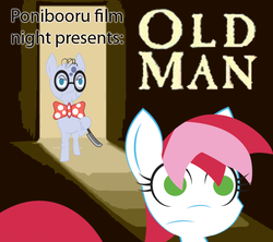 Size: 900x800 | Tagged: safe, mr. waddle, oc, oc:flicker, earth pony, pony, ponibooru film night, g4, bowtie, duo, elderly, female, glasses, knife, liver spots, male, mare, movie poster, old man, stallion, wide eyes