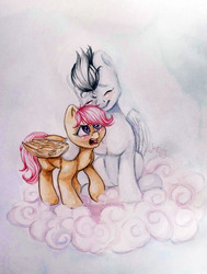 Size: 1280x1691 | Tagged: safe, artist:amishy, rumble, scootaloo, g4, blushing, cloud, cute, female, hug, male, ship:rumbloo, shipping, smiling, straight, traditional art, watercolor painting