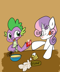 Size: 600x713 | Tagged: safe, artist:artypaints, spike, sweetie belle, pony, unicorn, g4, baking, duo, female, gem, male, ship:spikebelle, shipping, straight