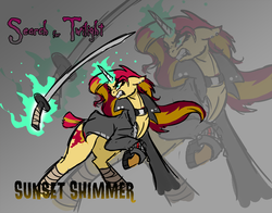 Size: 1252x981 | Tagged: safe, artist:afallenwolf, sunset shimmer, pony, unicorn, equestria girls, g4, katana, magic, search for twilight, sword, weapon