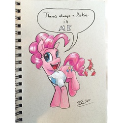 Size: 1280x1280 | Tagged: safe, artist:tsitra360, pinkie pie, lobster, pony, g4, balancing, clothes, dialogue, female, open mouth, raised leg, shirt, smiling, solo, traditional art