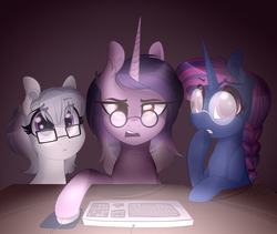 Size: 1371x1159 | Tagged: safe, artist:lolepopenon, oc, oc only, oc:aegis steadfast, oc:scatter scroll, oc:stormy sky, pony, glasses, keyboard, mousepad, trio