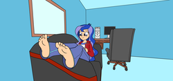 Size: 2880x1349 | Tagged: safe, artist:leet4tango, princess luna, gamer luna, equestria girls, g4, 3ds, barefoot, couch, feet, female, foot fetish, foot focus, human coloration, humanized, soles, solo, toes