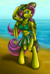 Size: 999x1500 | Tagged: safe, artist:carriepika, fluttershy, anthro, g4, bag, beach, bikini, clothes, female, hat, ocean, sarong, solo, swimsuit