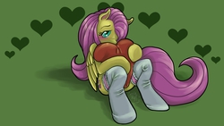 Size: 1920x1080 | Tagged: safe, artist:carriepika, fluttershy, semi-anthro, g4, blushing, clothes, female, heart pillow, pillow, solo, stockings