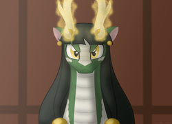 Size: 1185x860 | Tagged: safe, artist:faith-wolff, oc, oc only, oc:ki seong, kirin, original species, fanfic:the bridge, antlers, fanfic art, female, frown, glowing antlers, glowing horn, horn, let's get dangerous, magic, magic aura, solo