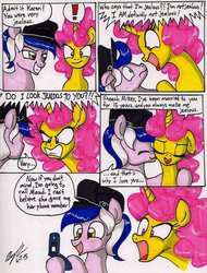 Size: 1024x1347 | Tagged: safe, artist:newyorkx3, oc, oc only, oc:karen, oc:mikey (legacy), cellphone, comic, dialogue, exclamation point, implied maud pie, kakey, phone, traditional art