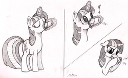 Size: 1800x1100 | Tagged: safe, artist:graboiidz, twilight sparkle, g4, cup, cute, exclamation point, eyes closed, female, floppy ears, hoof hold, horse problems, levitation, magic, monochrome, open mouth, sad, solo, stuck, telekinesis, traditional art