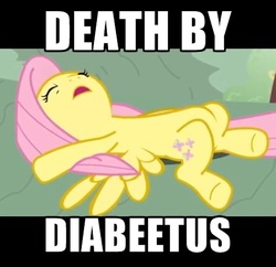 Size: 447x433 | Tagged: safe, artist:flamingo1986, edit, fluttershy, double rainboom, g4, cute, diabetes, faint, female, image macro, lying down, meme, on back, solo, spread wings, text, underhoof, wings