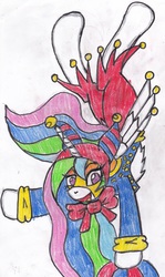 Size: 2065x3458 | Tagged: safe, artist:cuddlelamb, princess celestia, g4, backbend, clothes, costume, female, high res, jester, solo, traditional art