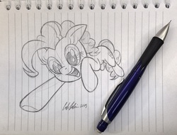 Size: 2928x2221 | Tagged: safe, artist:redapropos, pinkie pie, g4, breaking the fourth wall, cute, diapinkes, female, high res, it's coming right at us, lined paper, monochrome, pencil drawing, pounce, smiling, solo, traditional art